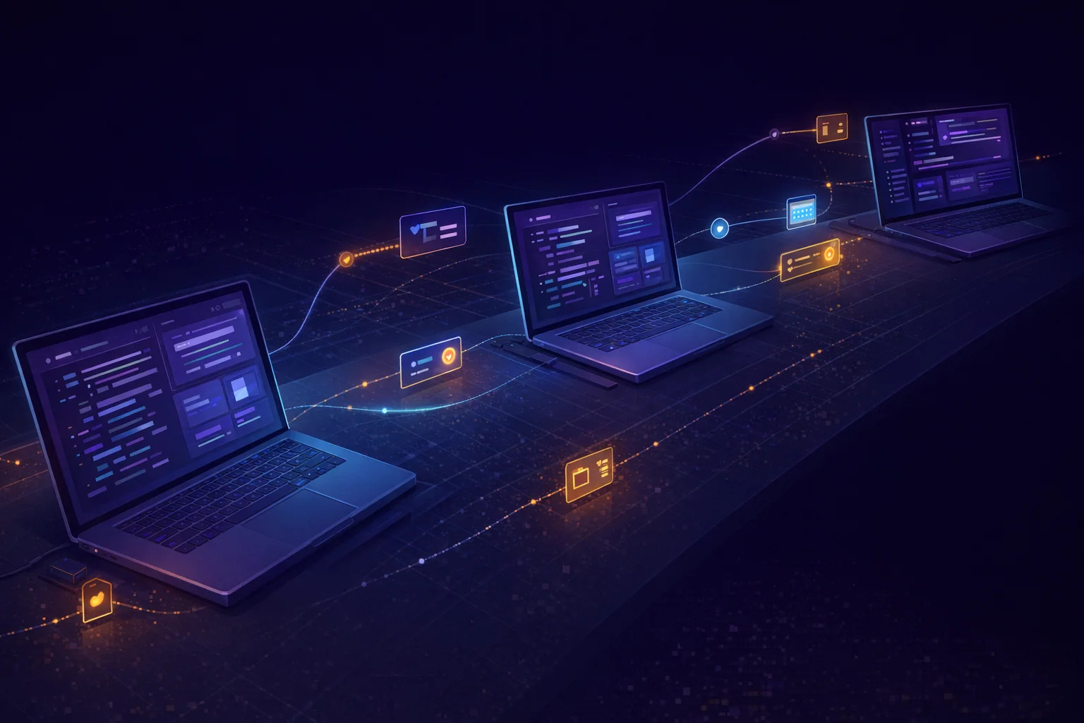 Distributed engineering workbench with developer screens, handoff cards, and milestone markers